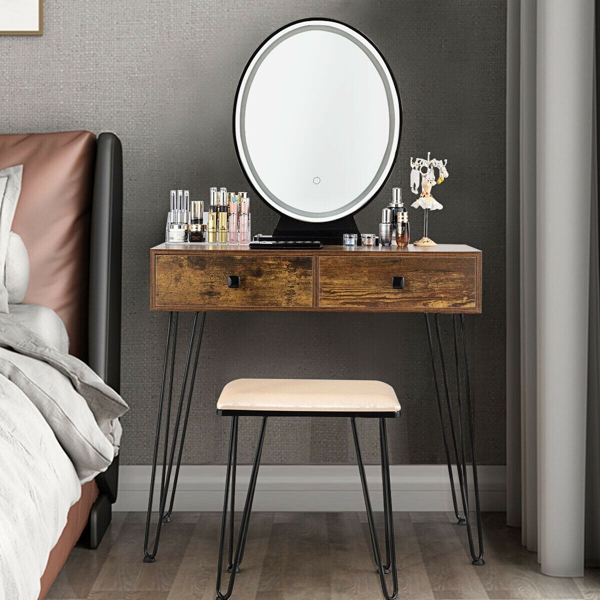 Makeup Dressing Table Included Soft Cushion Seat Stool with 3 Lighting Modes and 2 Large Drawers