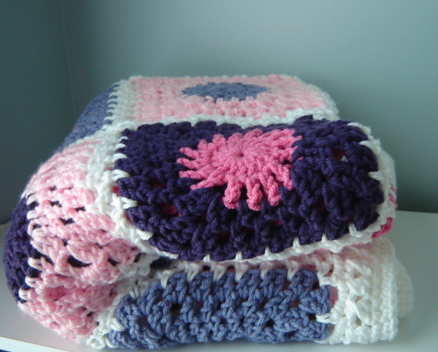 Afghan crochet knitted blanket lavender and hot white