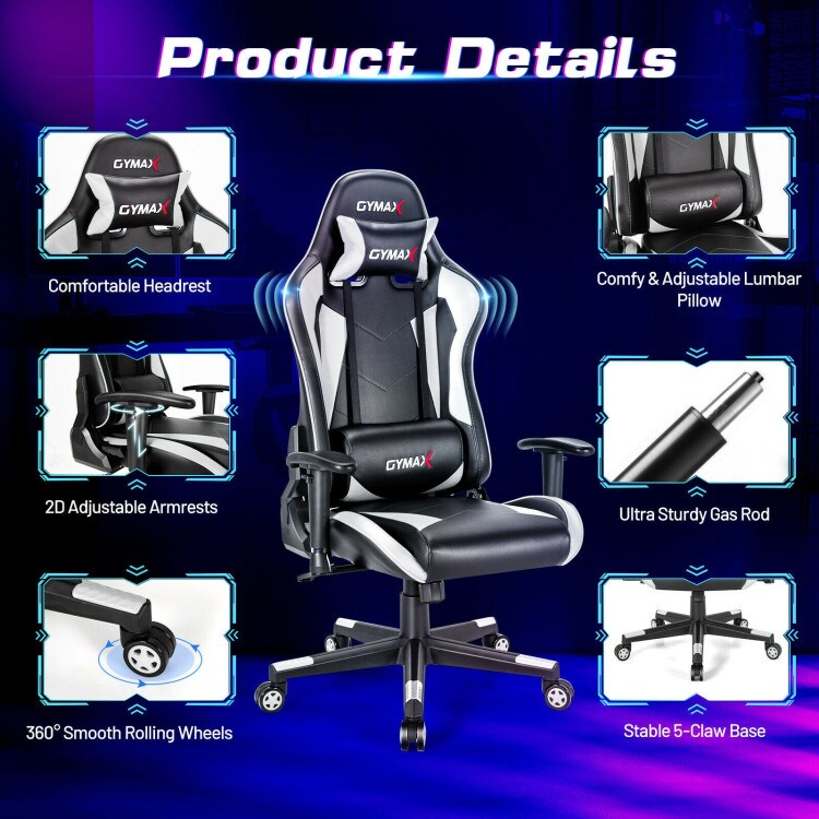 Gaming Chair Adjustable Swivel Racing Style Computer Office Chair-White