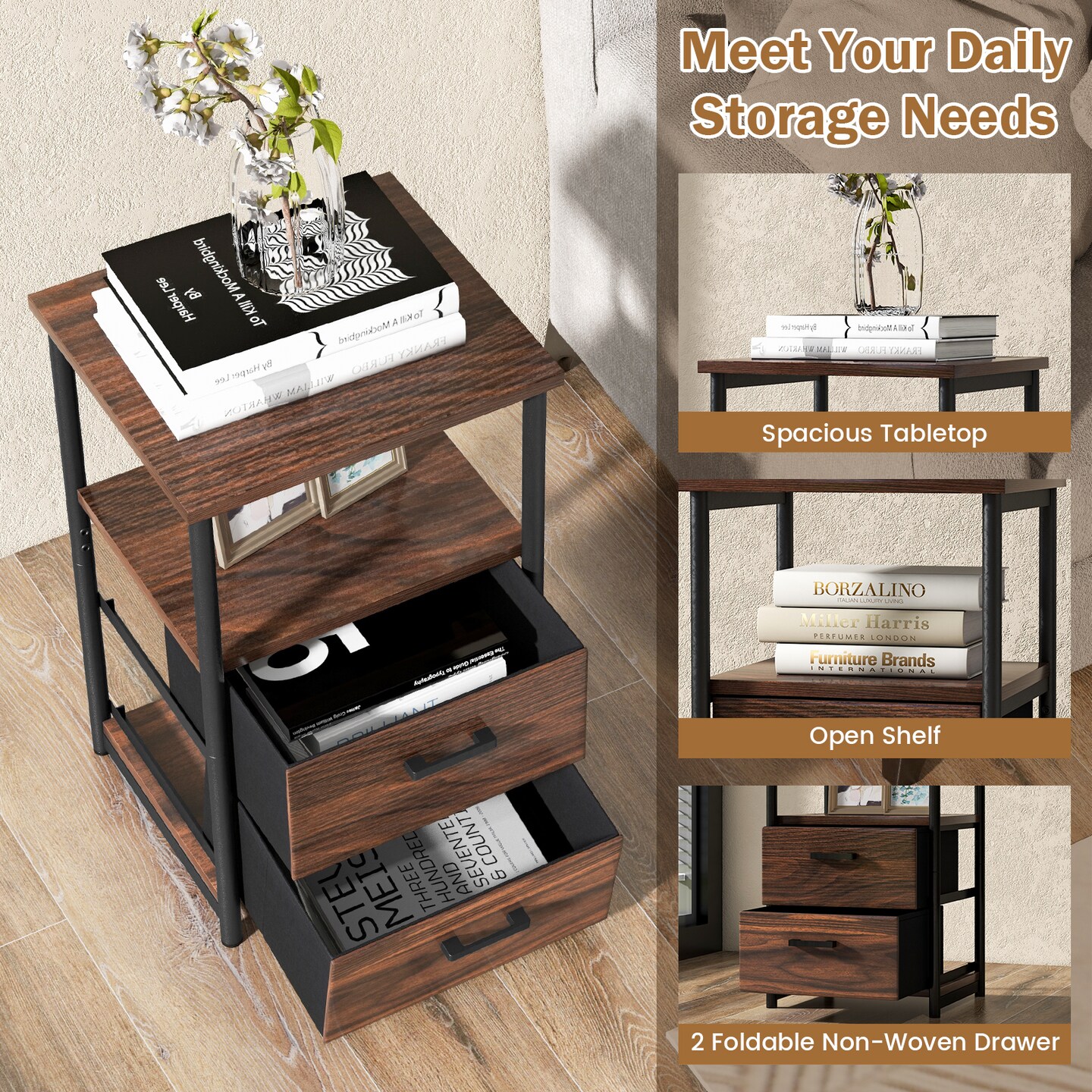 3-Tier Retro Nightstand with 2 Removable Fabric Drawers and Open Shelf