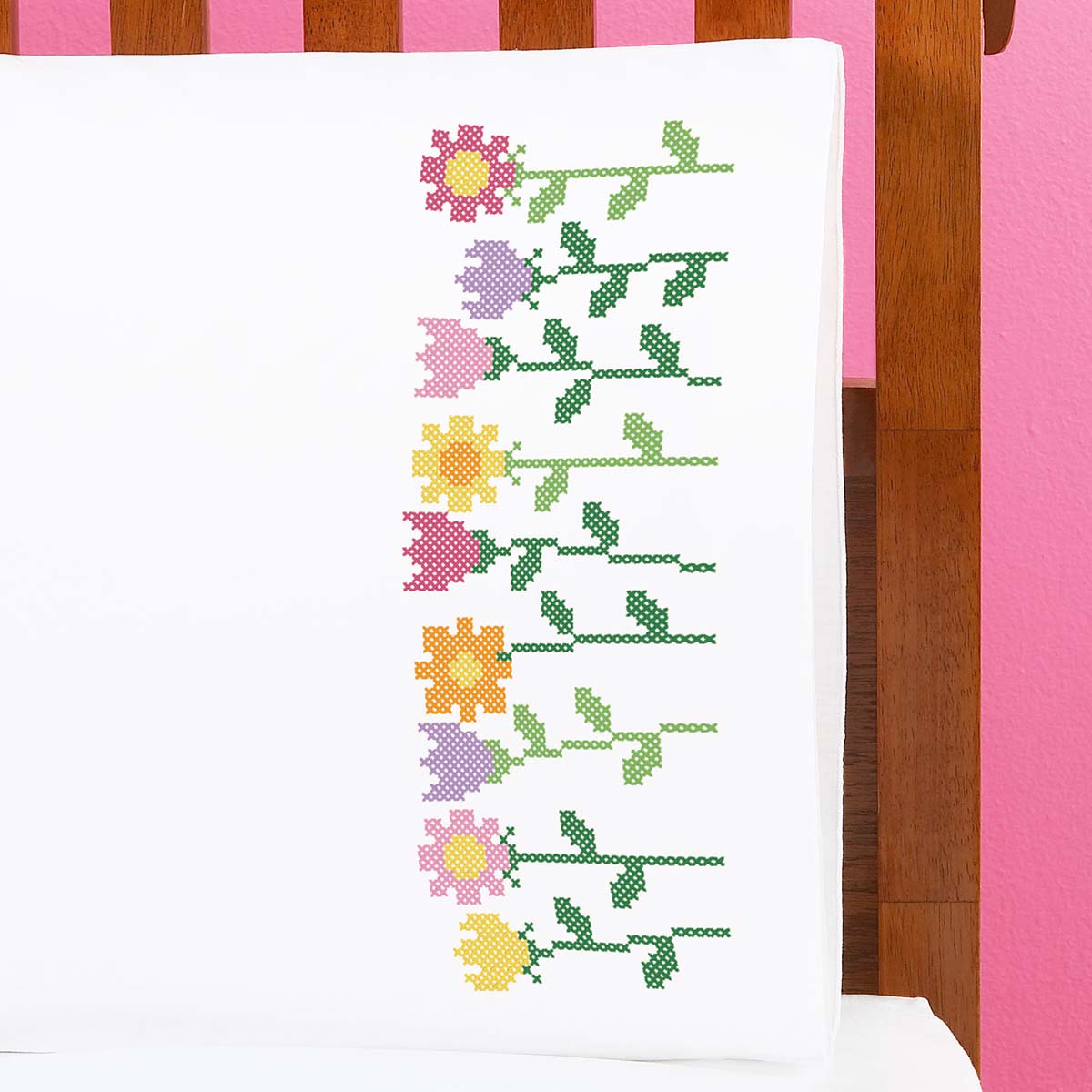 Herrschners  May Flowers Pillowcase Pair Stamped Cross-Stitch