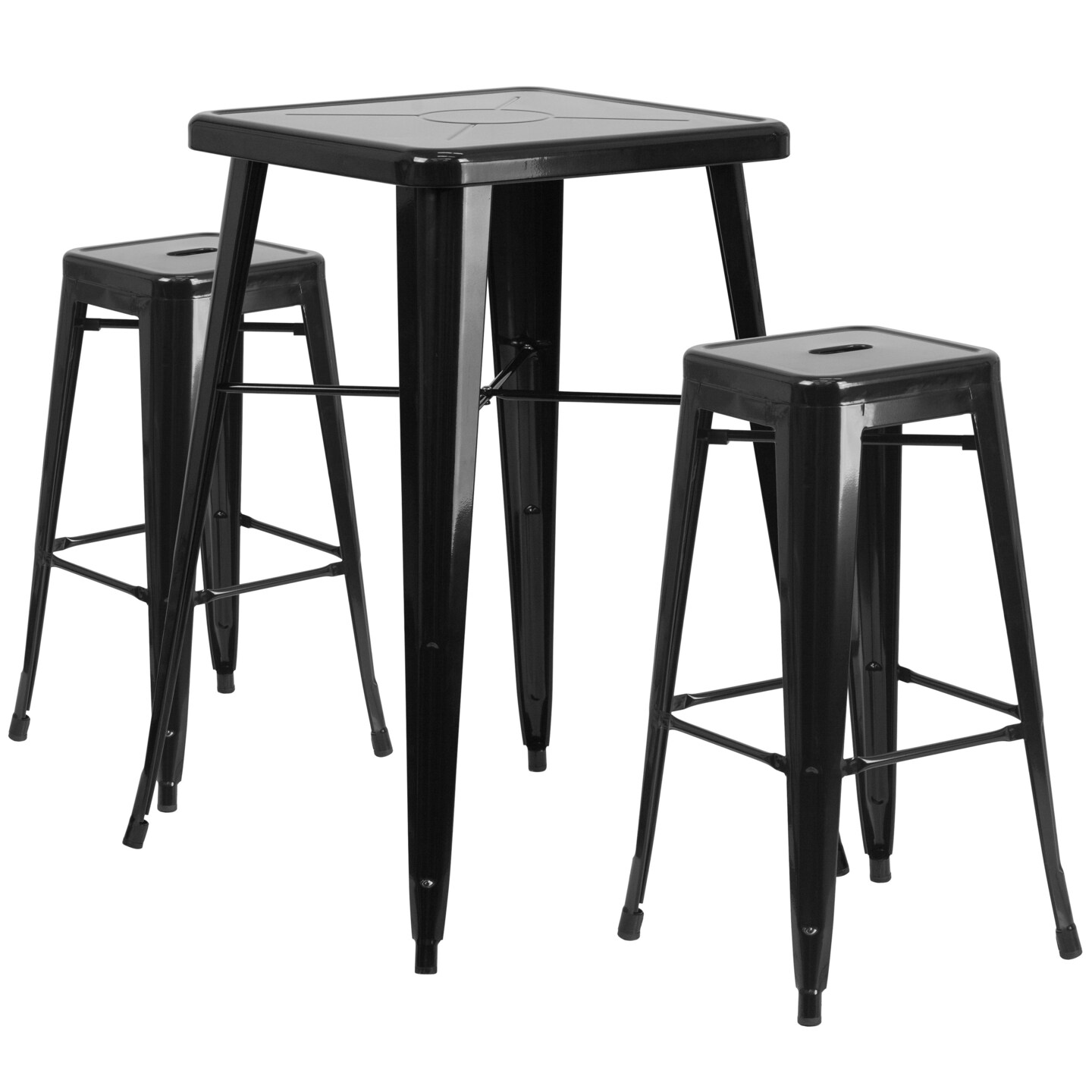 Emma and Oliver Commercial Grade 23.75" Square Metal Indoor-Outdoor Bar Set & 2 Backless Stools