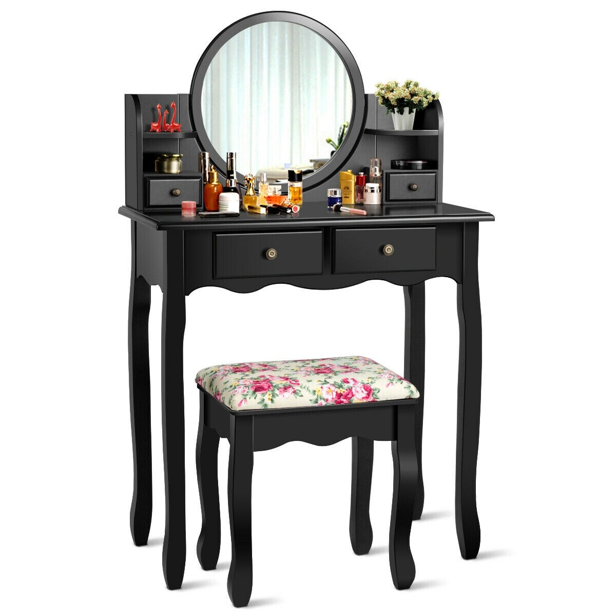 Makeup Vanity Table Set Girls Dressing Table with Drawers Oval Mirror