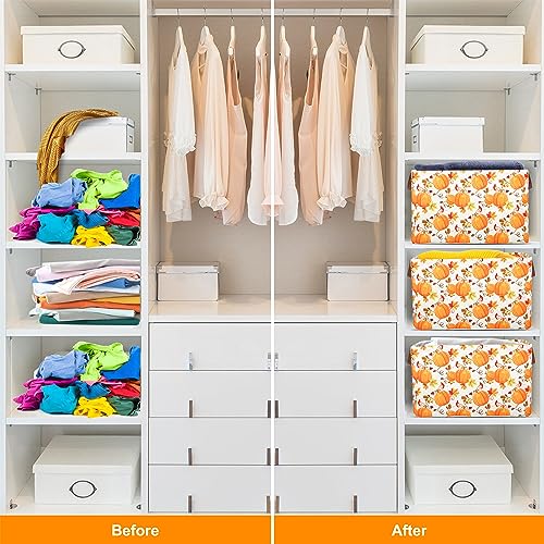 Pumpkin Fall Storage Bin Basket Collapsible with Leather Handles Waterproof Canvas Storage Cube Box for Closet Toys Clothes Thanksgiving Room Decor Gift Basket