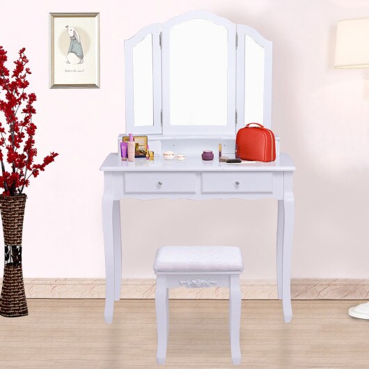 Tri Folding Mirror Vanity Table Stool Set with 4 Drawers and Cushioned Stool