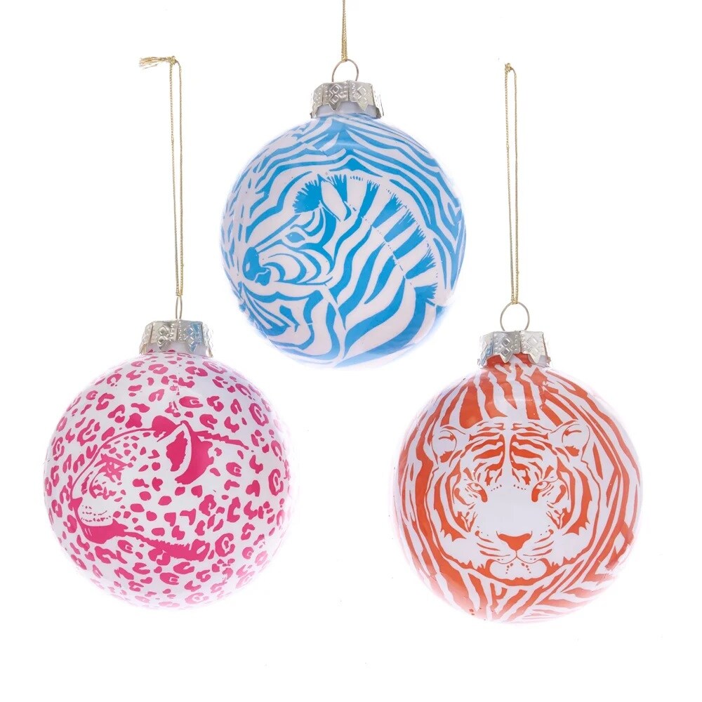 KSA Pack of 6 Animal Print on Glass Ball Christmas Ornaments