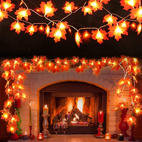 2 Pack Fall Decor Garland for Home, Total 20 Ft 60 LED Thanksgiving Maple Leaves Fall Lights Garland with Battery Operated Waterproof Autumn Harvest Halloween Christmas Decoration for Indoor Outdoor