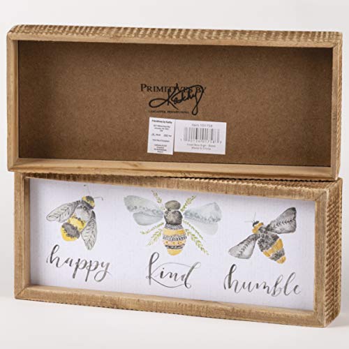 Primitives by Kathy 101758 Inset Box Sign, 10&#x22; Length x 4.25&#x22; Height x 1.75&#x22; Width, Bees - Happy, Kind, Humble