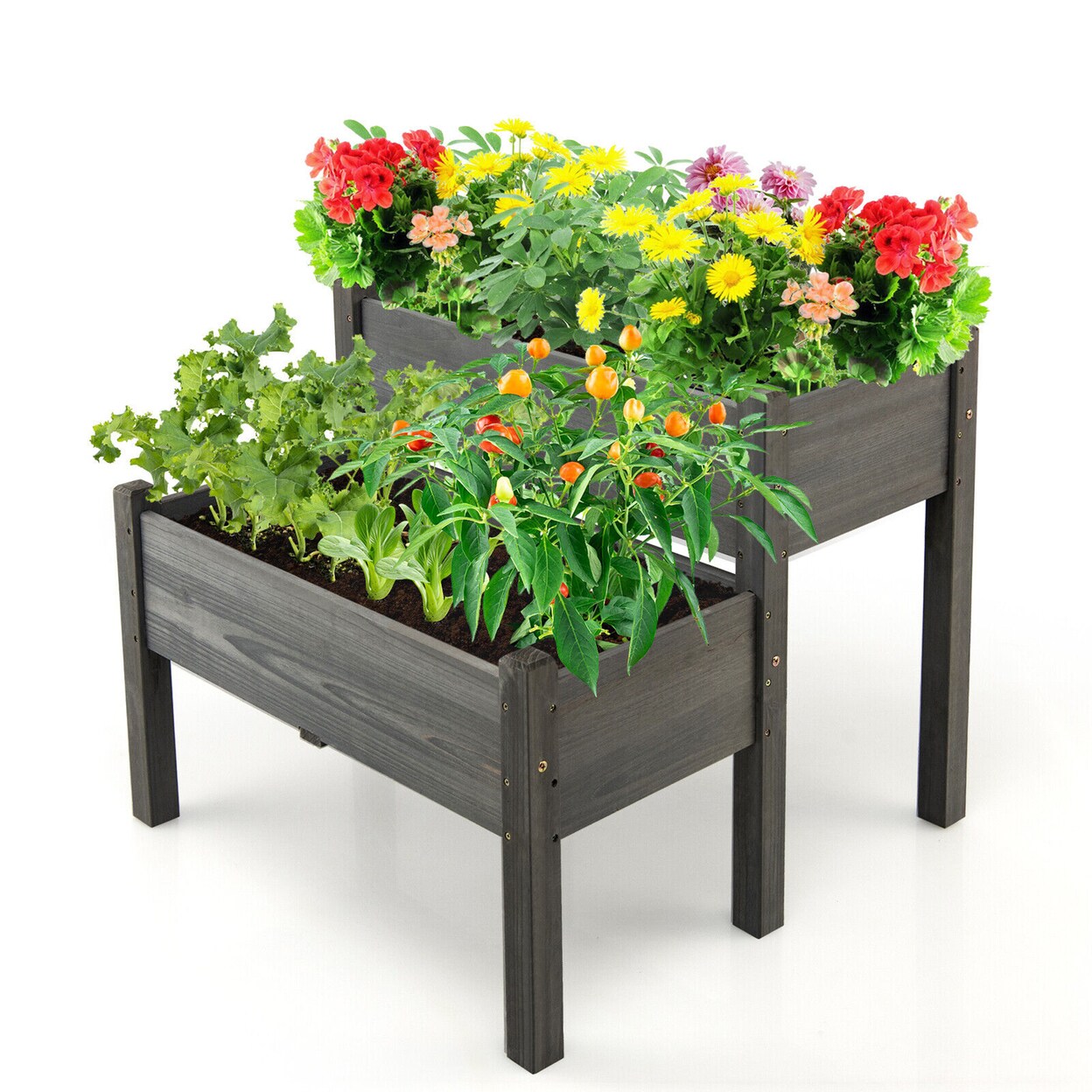 Gymax 2 Tier Wooden Raised Garden Bed Elevated Planter Box w/Legs Drain Holes