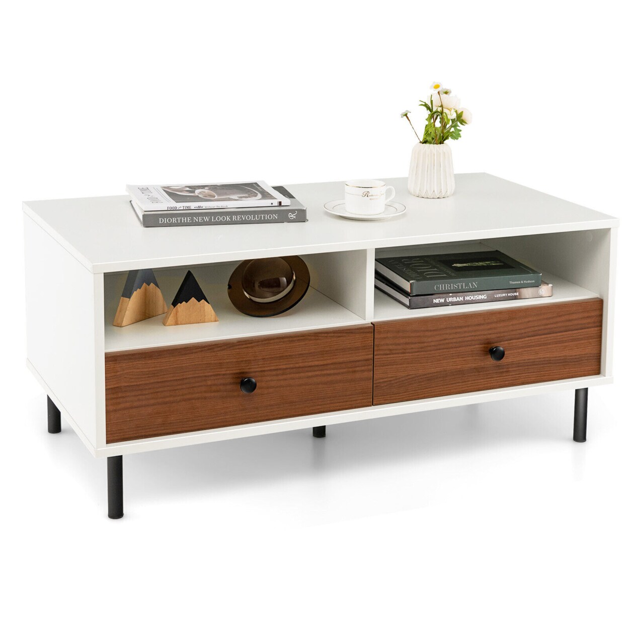 Coffee Table Modern Rectangle W/ Storage Shelf And Drawers Living Room Furniture