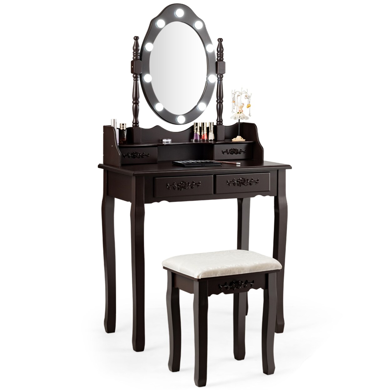 Gymax Makeup Vanity Dressing Table Set w/10 Dimmable Bulbs Cushioned Stool