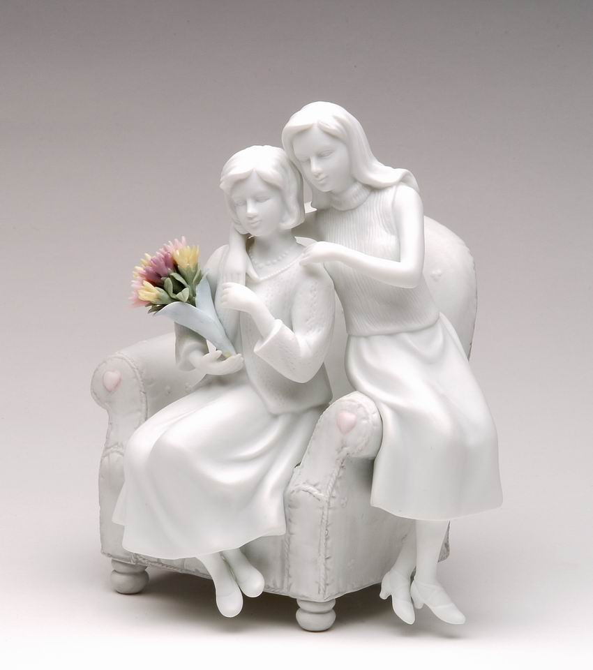 Ceramic Mother And Daughter White Bisque Figurine with Colorful Flower Bouquet, Gift for Mom, Mother&#x27;s Day Gift, Home Decor