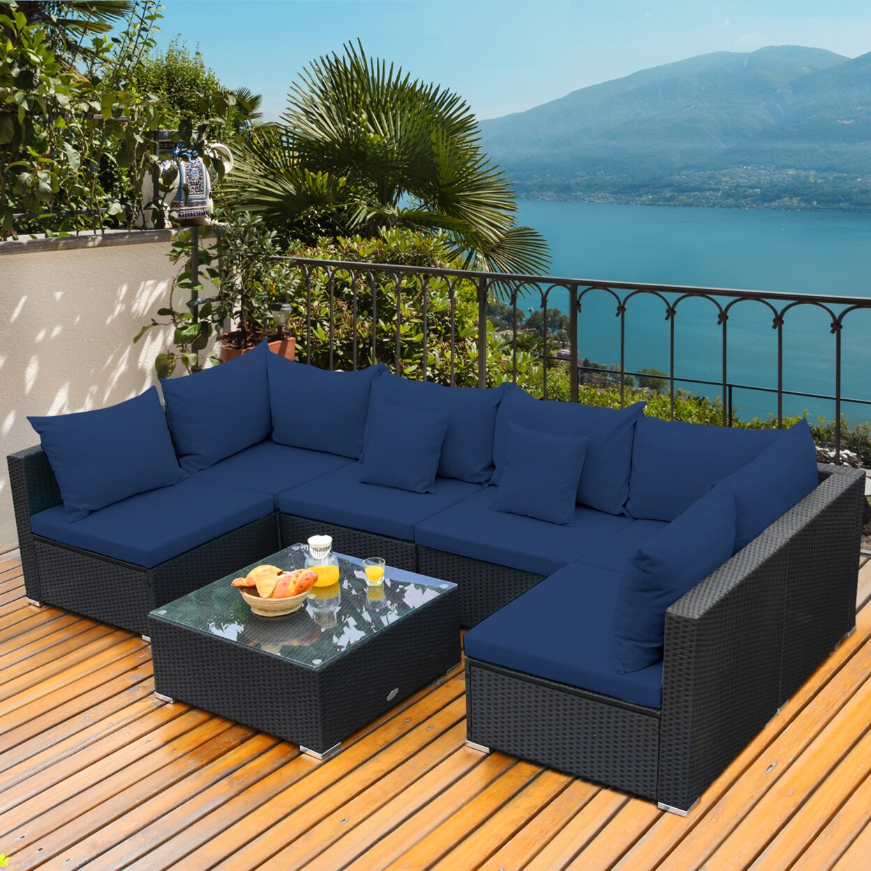 7Pcs Rattan Patio Conversation Set Sectional Furniture Set W/ Navy Cushion