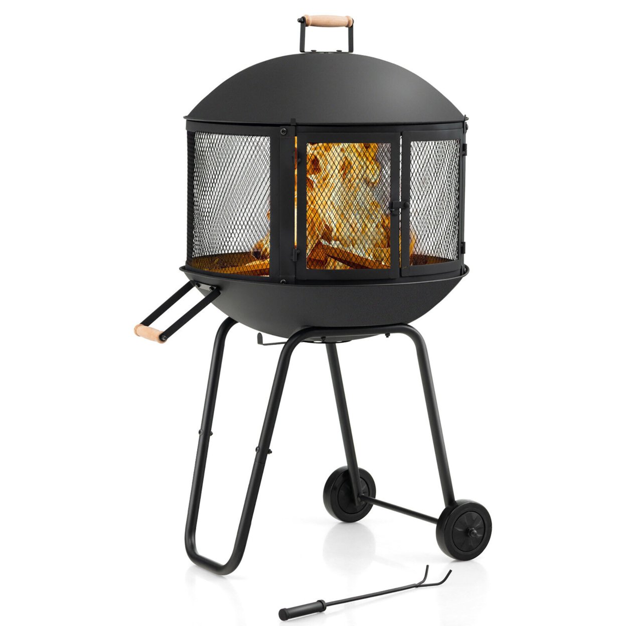 28 Patio Rolling Fire Pit Wood Burning Firepit W/ Wheels Mobile Fireplace