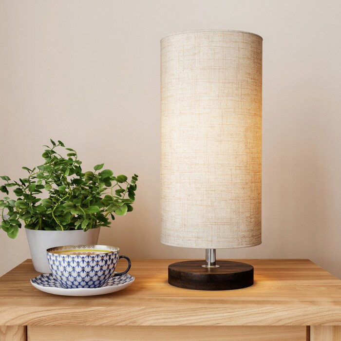 Cylinder Lamp With Wood Base-Modern Light With Led Bulb Included Adjustable Height For Living Room