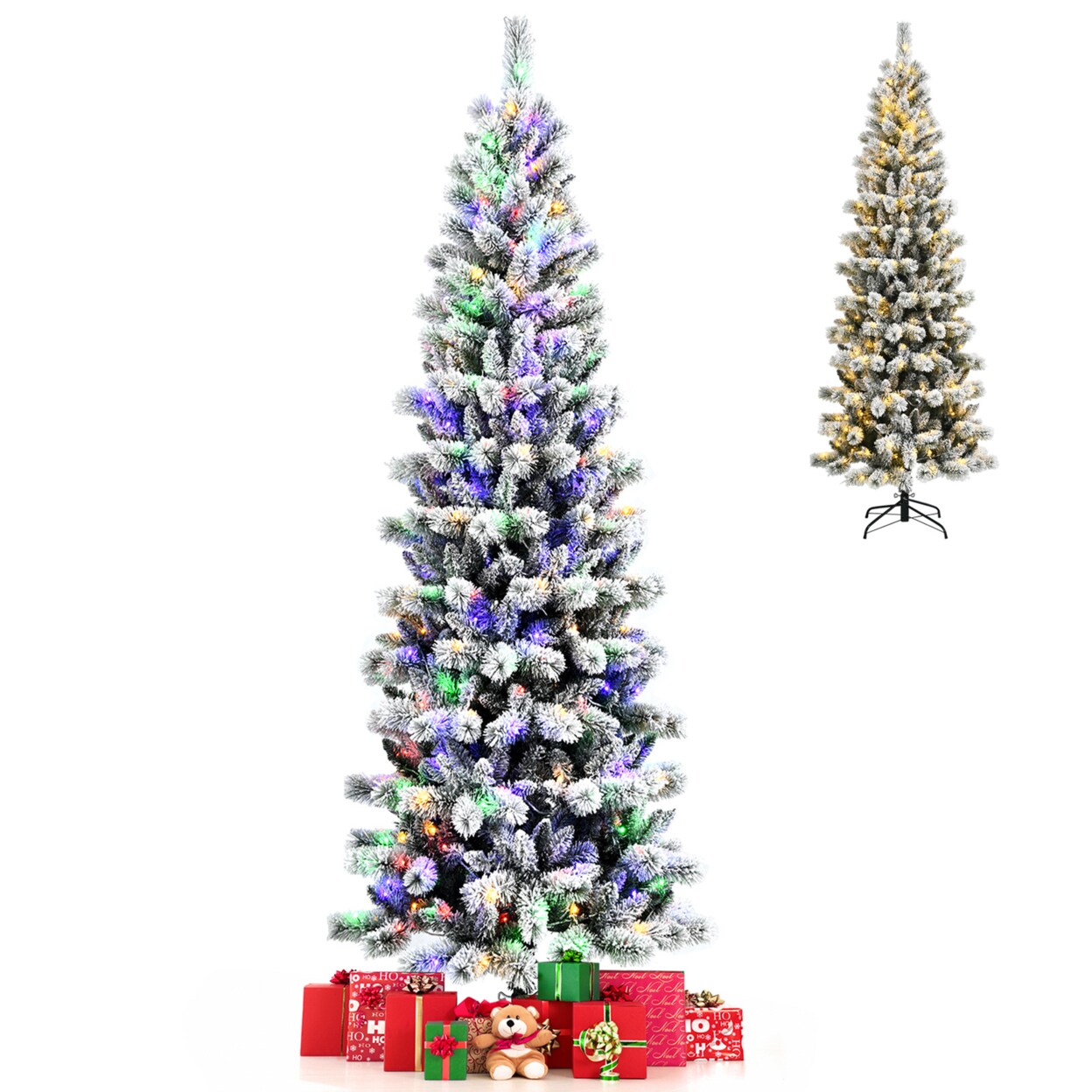 5/6/7.5/8 Ft Pre-Lit Snow Flocked Artificial Christmas Tree W/ Multi-Color Led Lights