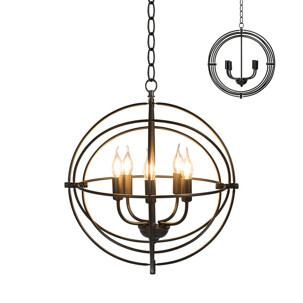 20 5-Light Metal Pendant Chandelier W/ Iron Chain Pivoting Interlocking Rings