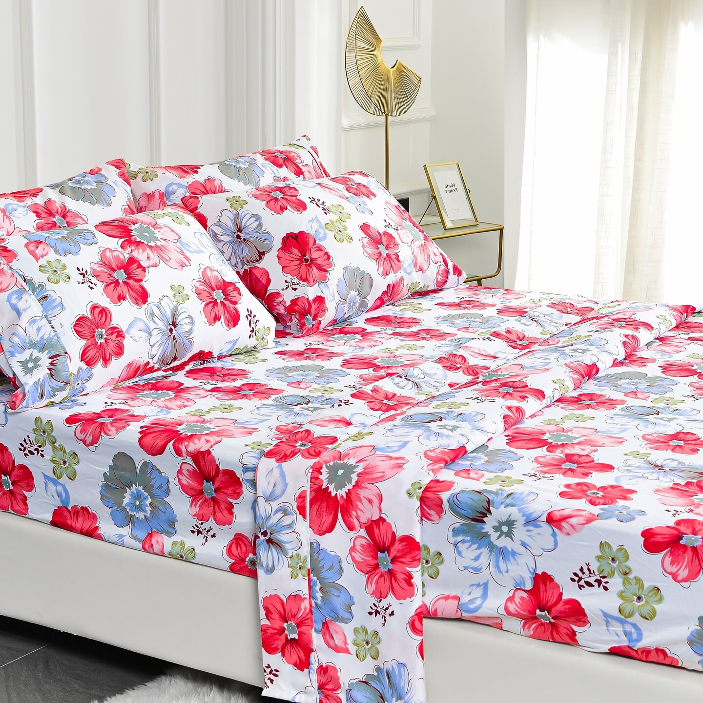 American Home Collection   Ultra Soft 4-6 Piece Red Floral Printed Bed Sheet Set