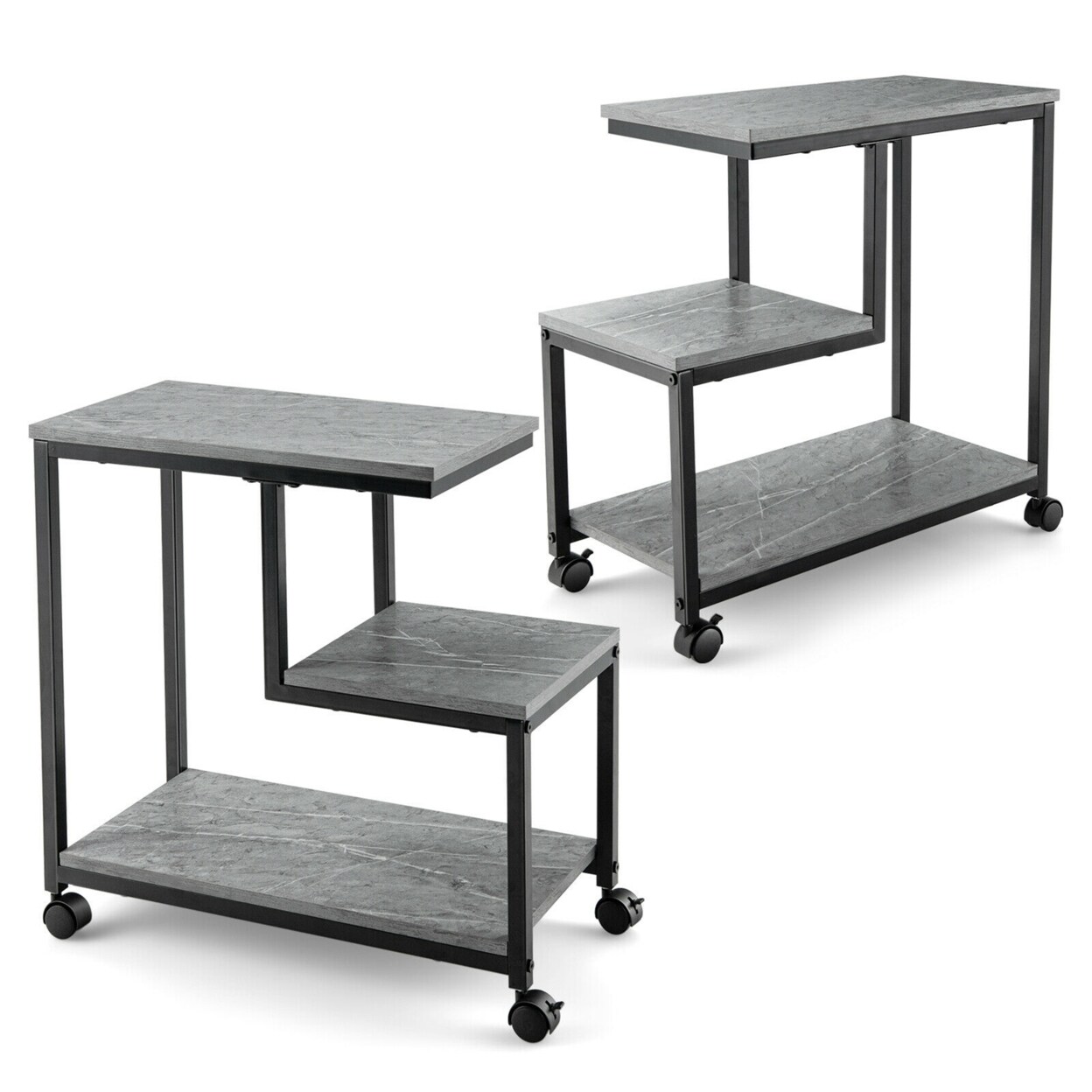 Gymax 2 PCS 3 Tier Side Table W/ Casters Mobile End Table Storage Living Room Bedroom