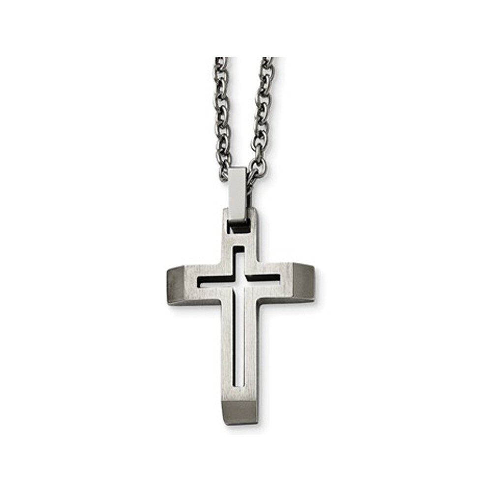 Gem And Harmony Mens Stainless Steel Brushed Cross Pendant Necklace