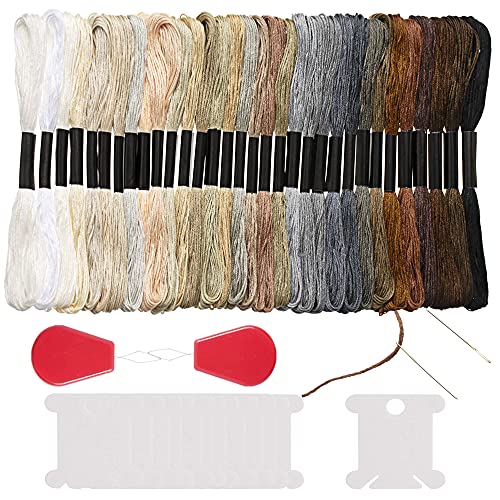 32 Skeins Black to White Gradient Grey Brown Embroidery Floss, Cross Stitch Threads Friendship Bracelets Floss with 12 Floss Bobbins, 2 Embroidery Needles and Needle Threader