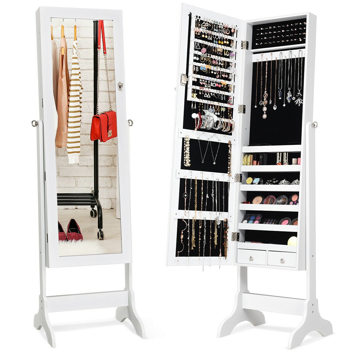 Jewelry Organizer Vanity Box W/ Full Length Mirror Black/ White