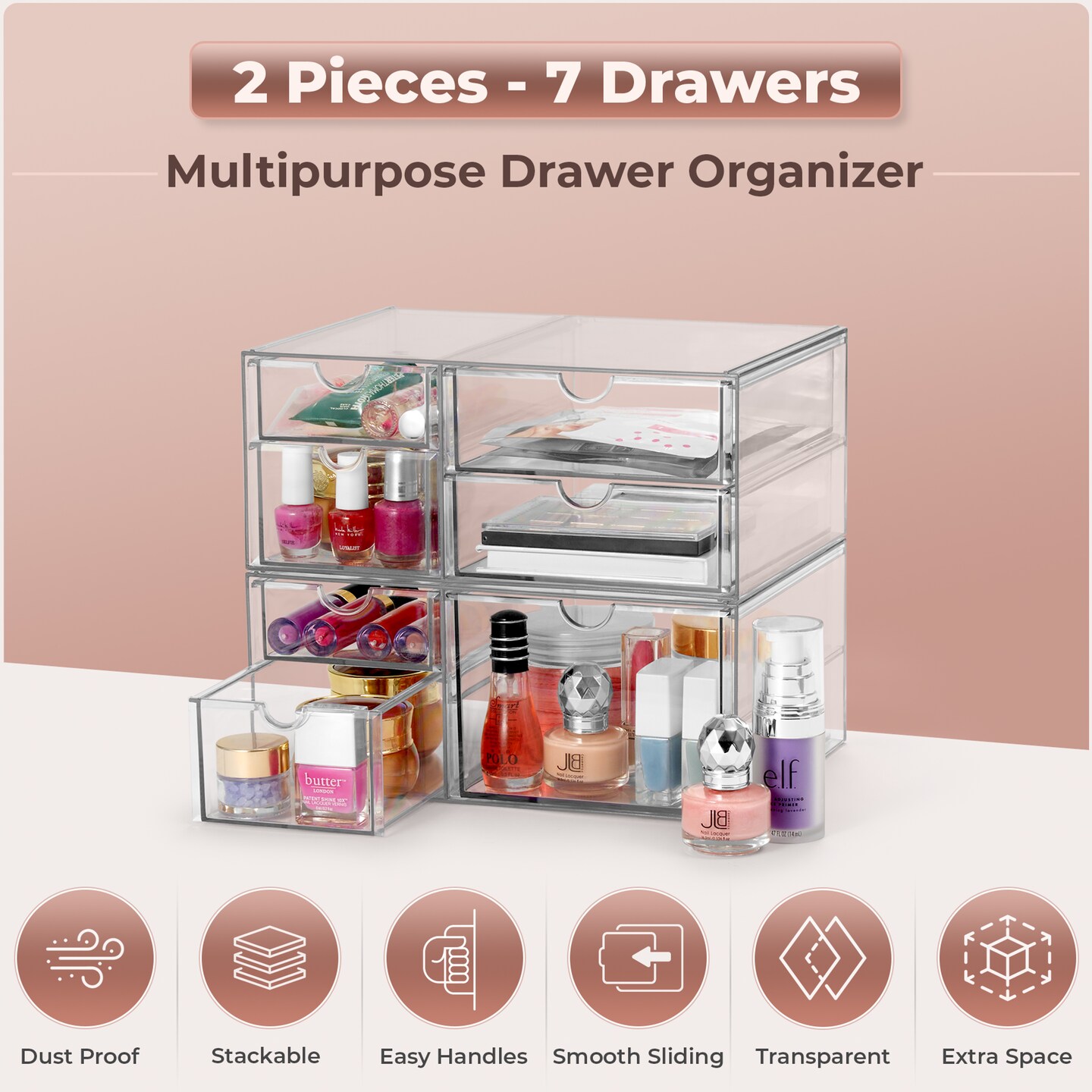 Sorbus 7 Drawers Acrylic Organizer for Makeup, Organization and Storage, Art Supplies, Jewelry, Stationary - 2 Pcs Clear Stackable Storage Drawers