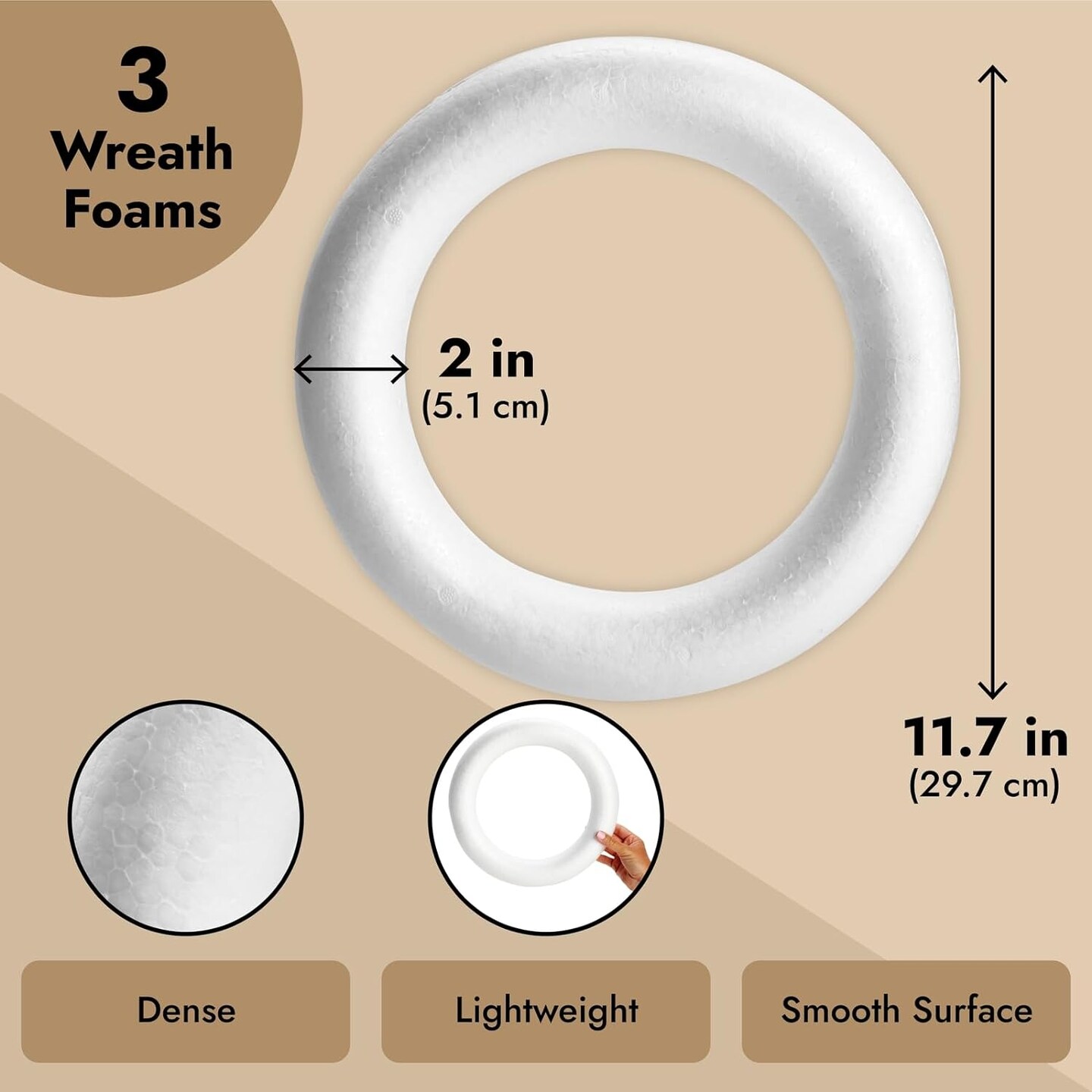 3 Pack Foam Wreath Forms, 12 Inch Round Foam Rings for Crafts, DIY Projects, Holiday Decor