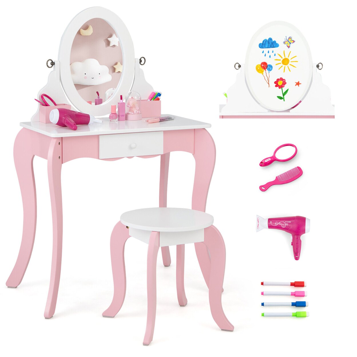 Gymax Pretend Kids Vanity Set Makeup Dressing Table 2-in-1 Mirror and Whiteboard