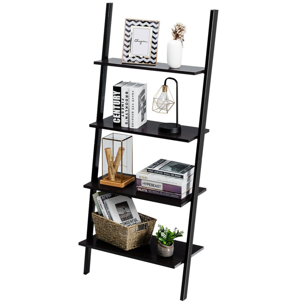 Gymax Industrial Ladder Shelf 4-Tier Leaning Wall Bookcase Plant Stand Rustic Black