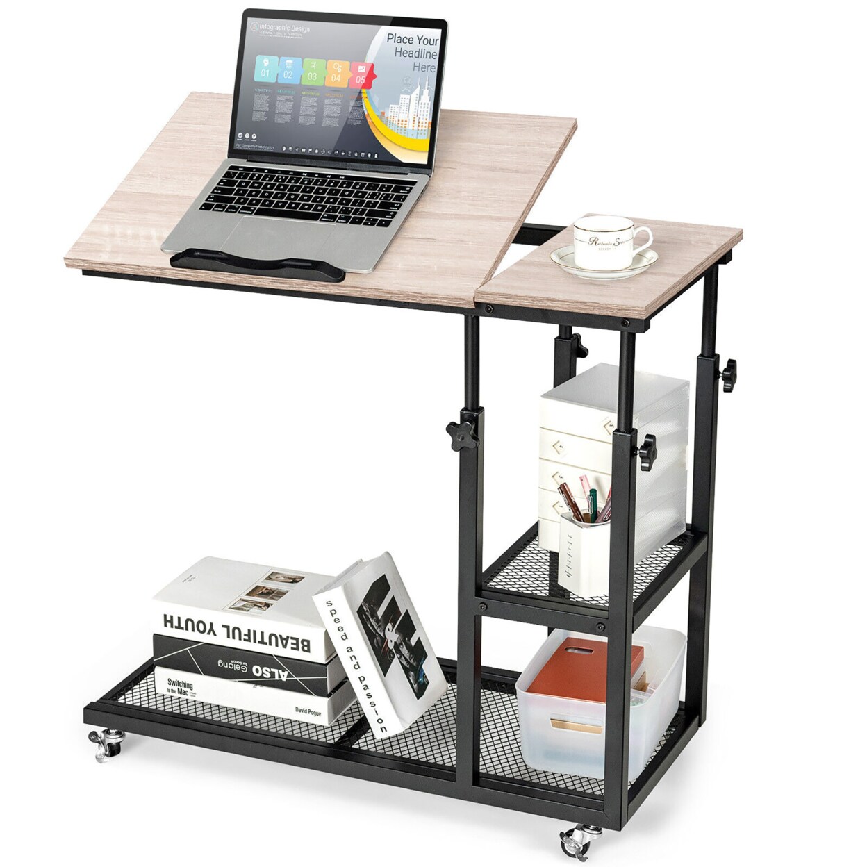 C Shaped Side Table With Wheels Height And Tabletop Adjustable Storage Shelf