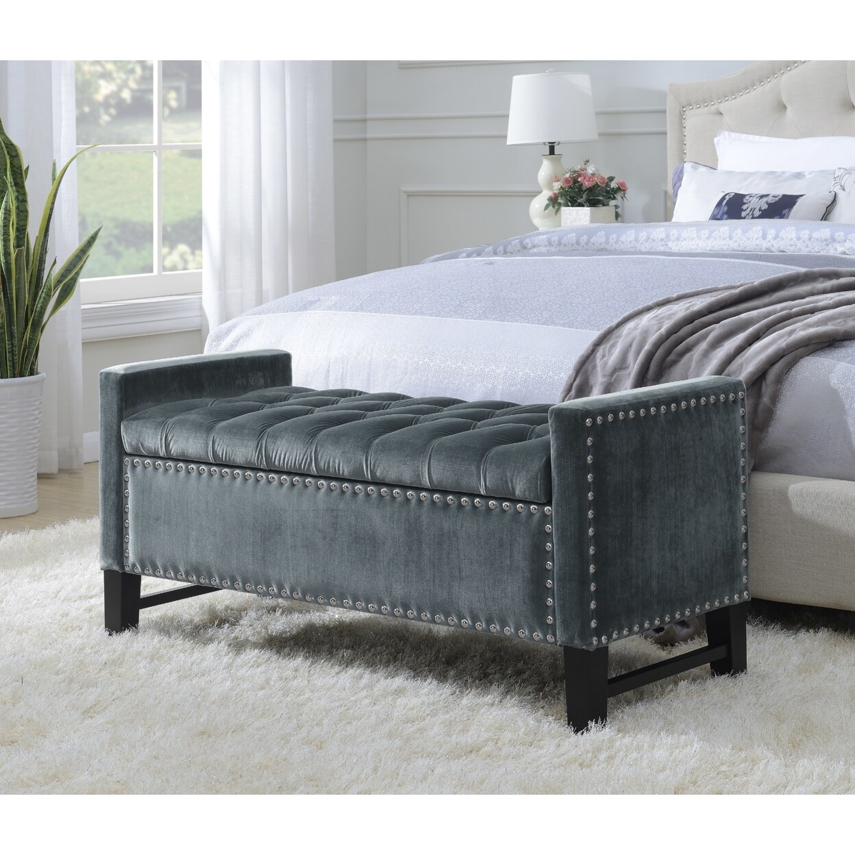 Iconic Home Kurt Neo Traditional Velvet Tufted Storage Bench