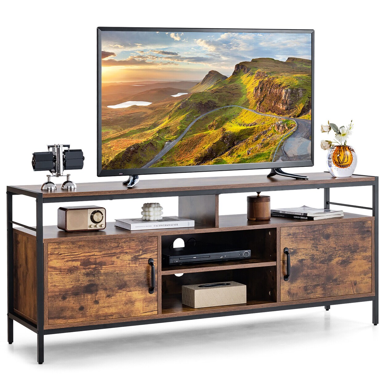 Industrial Tv Stand For Tvs Up To 65 Media Center W/ Cabinets And Adjustable Shelf