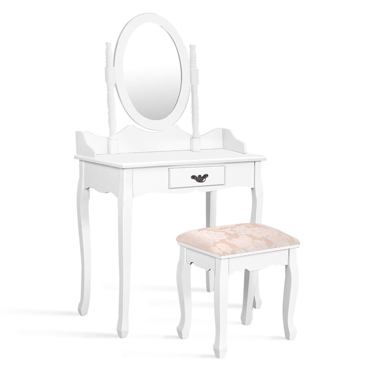 Gymax Vanity Wood Makeup Dressing Table Stool Set w/ Drawer and Mirror Jewelry Desk White