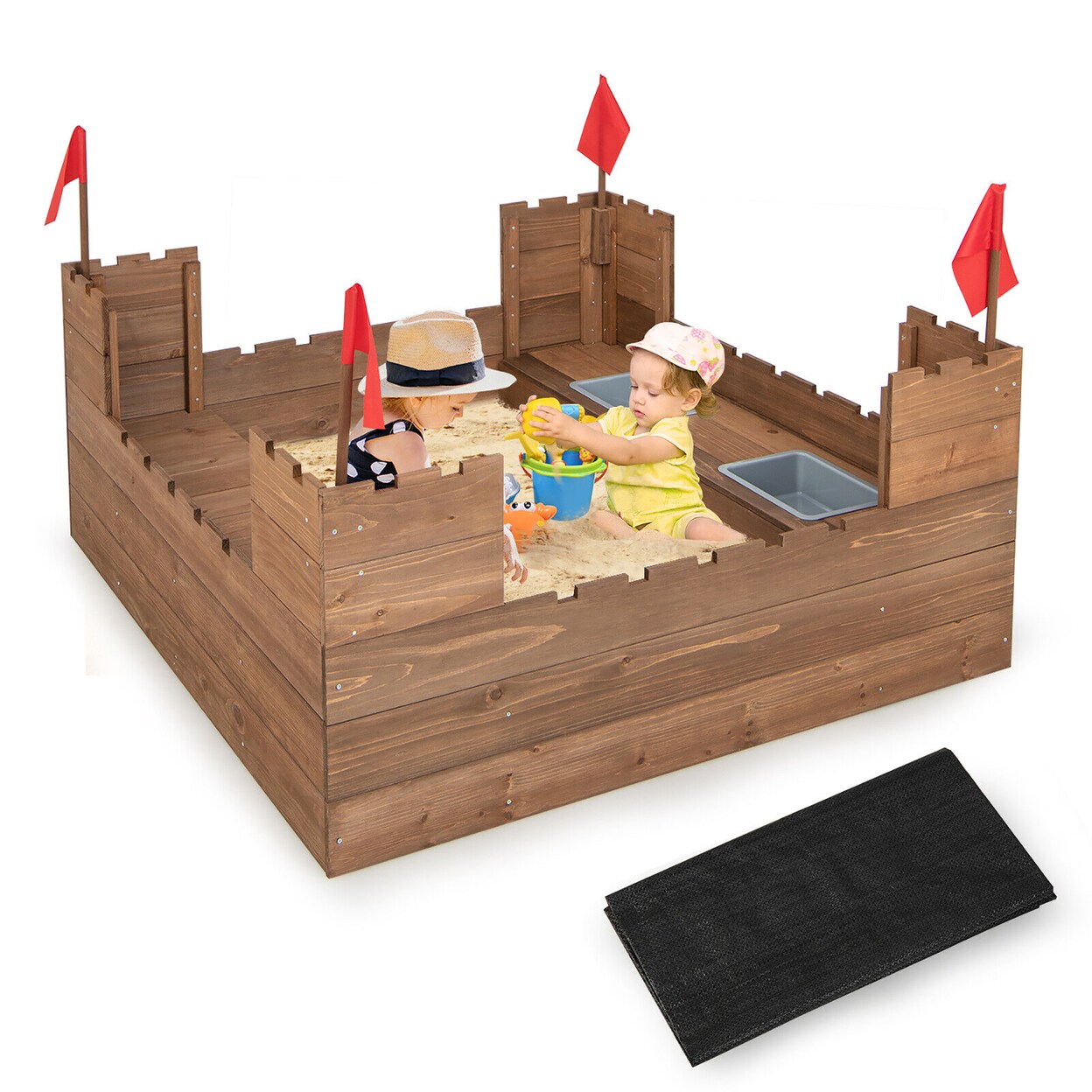 Solid Wood Kids Sandbox W/ 2 Bench Seats Outdoor Sandpit W/ Storage Box And Flags