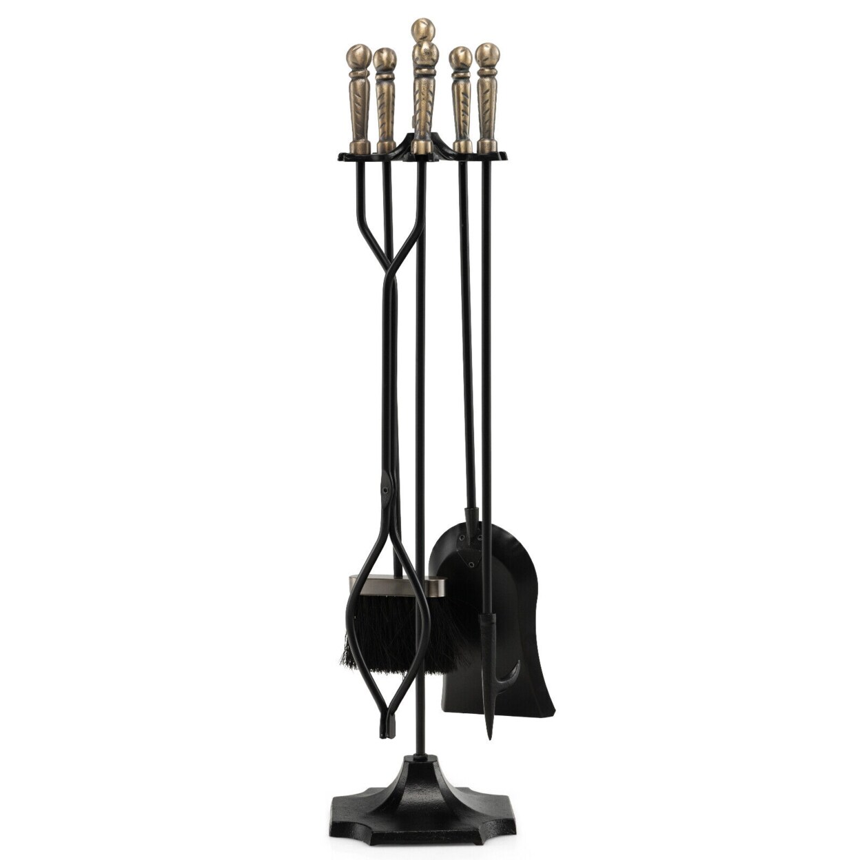 Gymax 5-Piece Fireplace Tool Set Heavy Duty Fire Tool Set and Holder Fire Pit Stand