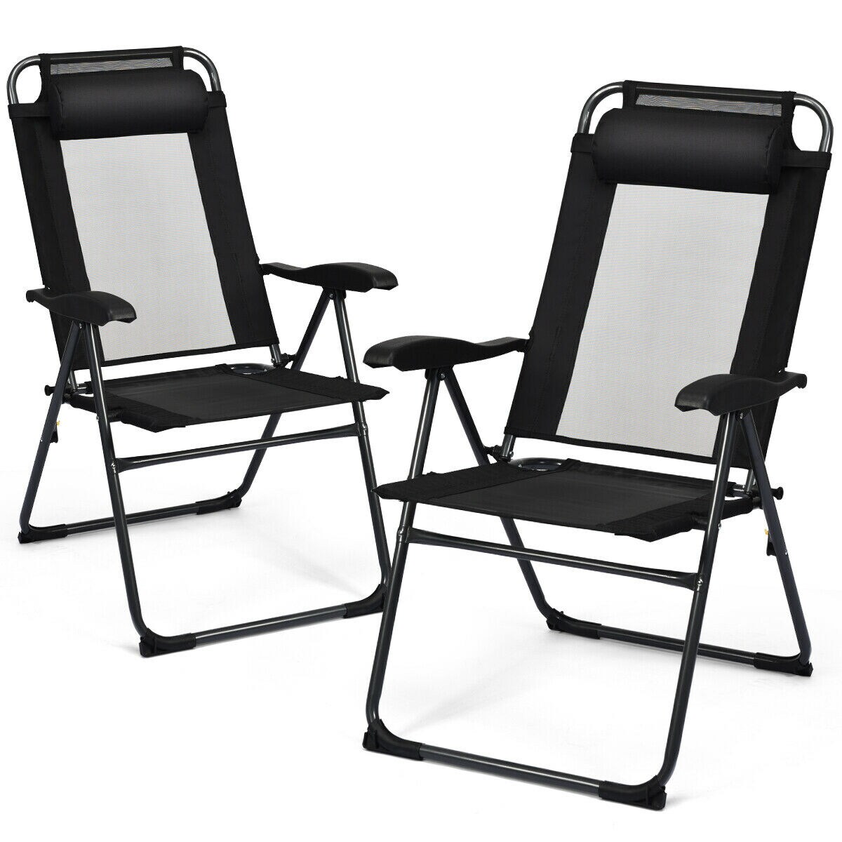 2Pc Folding Chairs Adjustable Reclining Chairs With Headrest Patio Garden Black
