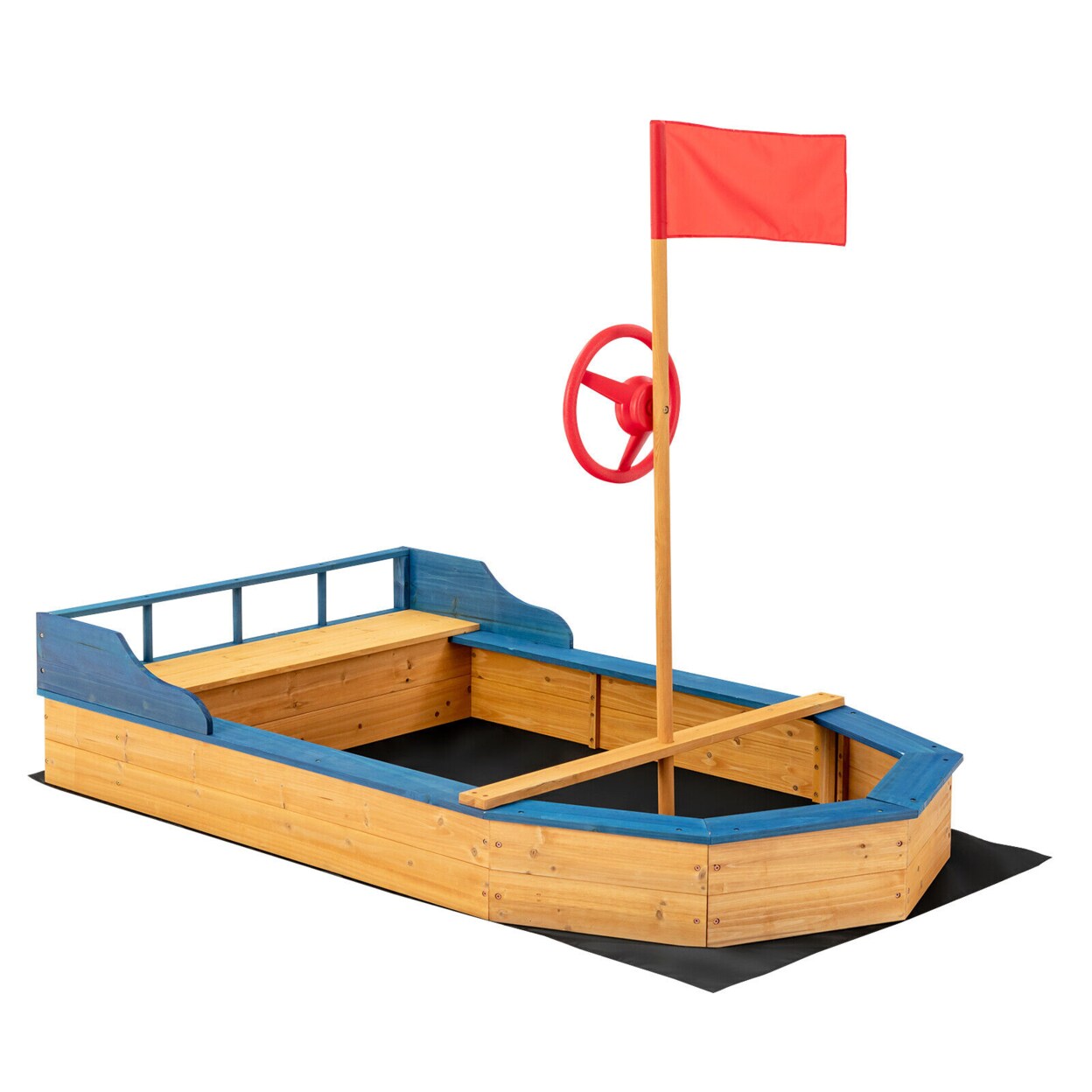 Kids Pirate Boat Wood Sandbox W/ Storage Box And Non-Woven Fabric Liner