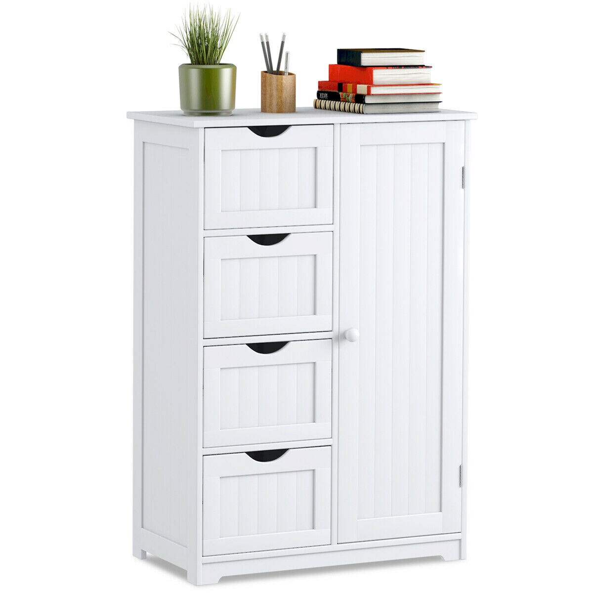 Gymax Storage Floor Cabinet Organizer Cupboard w/ 4 Drawers Adjustable Shelf White