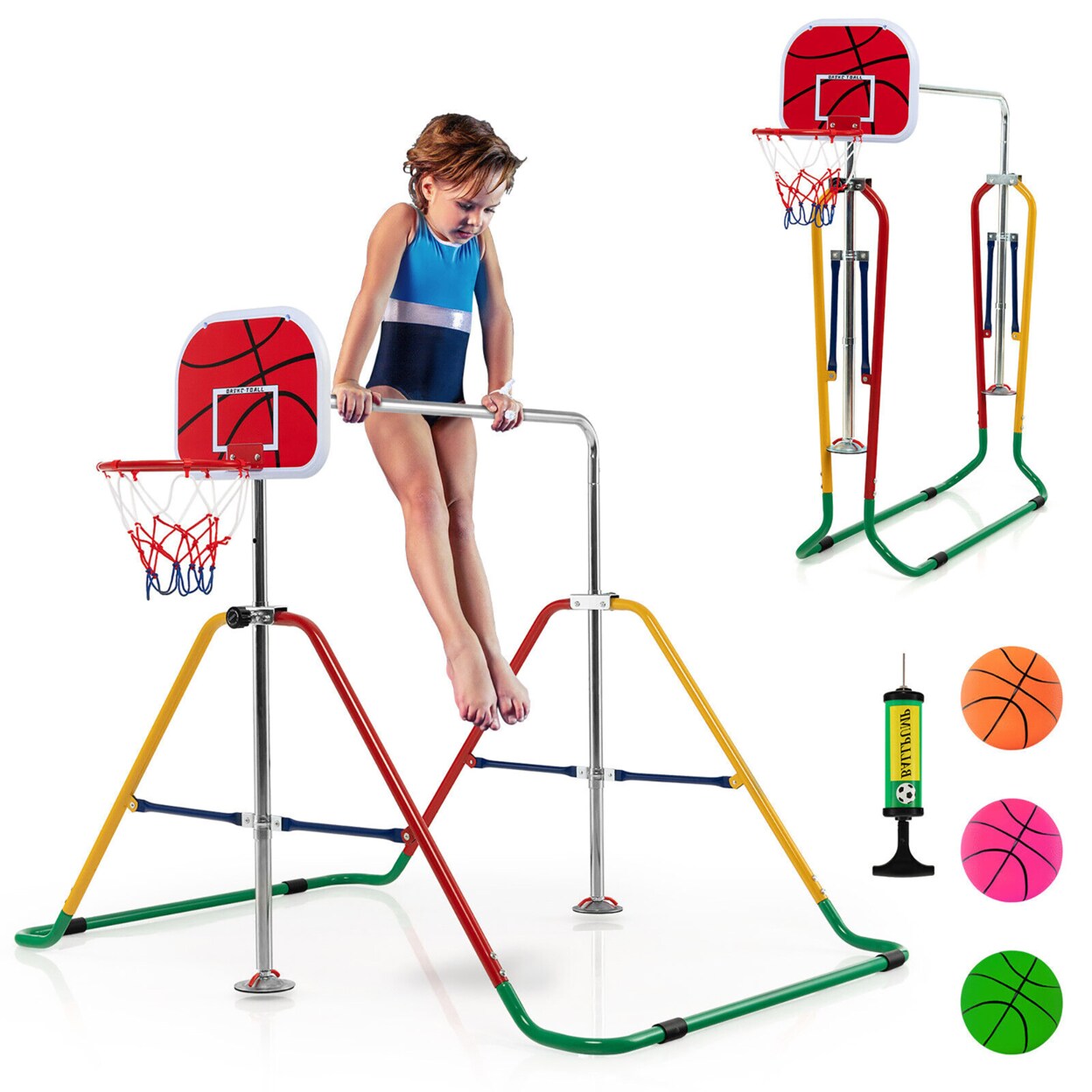 Kids Folding Horizontal Bar Adjustable Training Gymnastics Bar W/ Basketball Hoop