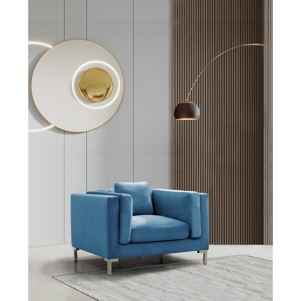 Iconic Home   Everlie Club Chair Velvet Upholstered Loose Seat And Back Shelter Arm Design Silver Tone Metal Y-Legs