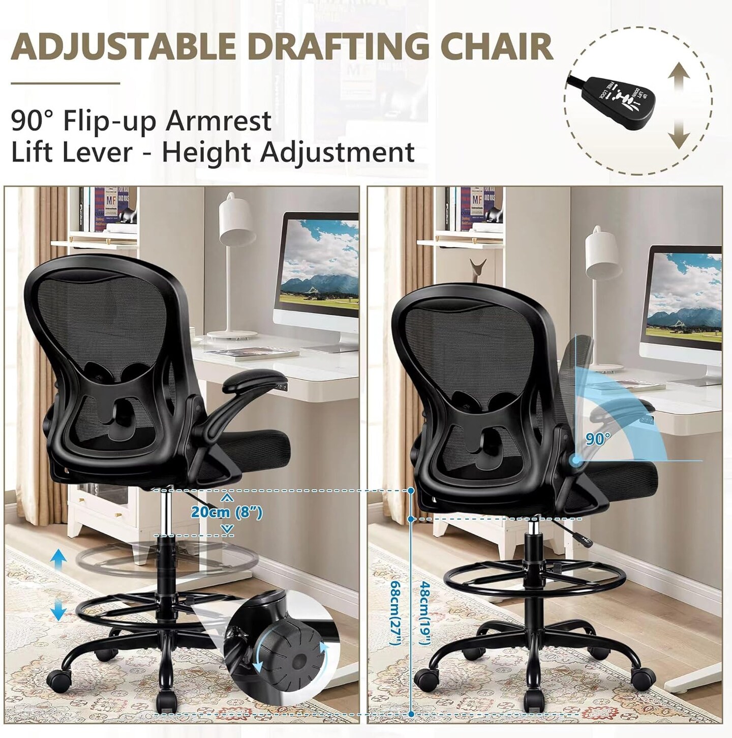 Drafting Chair, Tall Office Chair Ergonomic Standing Desk Chair, Lumbar Support Computer Chair Swivel Task Rolling Chair with Adjustable Flip-up Armrests &#x26; Foot Ring (Black)
