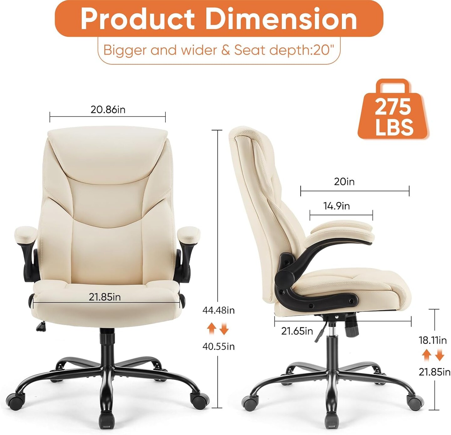 Computer Gaming Chair, Ergonomic Office Chair High Back Heavy Duty Task Desk Chair with Flip-up Arms, PU Leather, Adjustable Swivel Rolling Chair with Wheels, Cream
