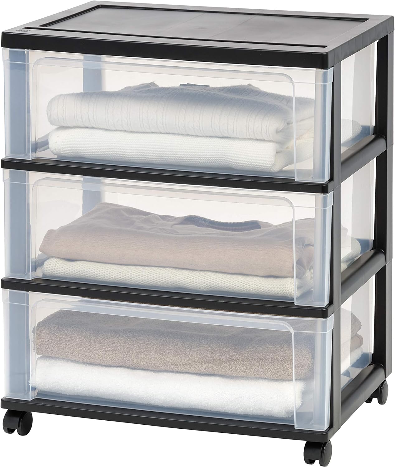 USA 3 Drawer Wide Storage Drawer Cart with Caster Wheels, Plastic Rolling Dresser for Home Closet Bedroom Bathroom Office Laundry Kitchen Craft Room Nursery and School Dorm, Black/Clear