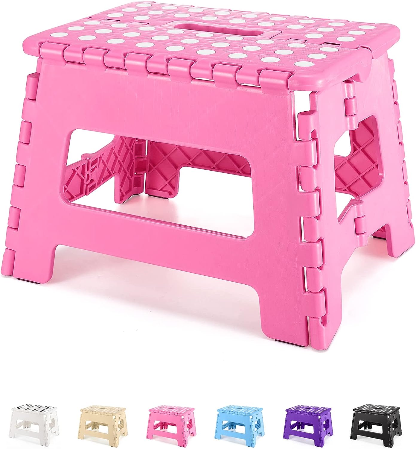 Folding Step Stool 9&#x22;, Kids Step Stool, Heavy Duty Step Stools for Adults, Compact Foot Stools, Light-Weight Toddler Step Stool for Kitchen, Bathroom, Holds Up to 300 lbs (Pink)
