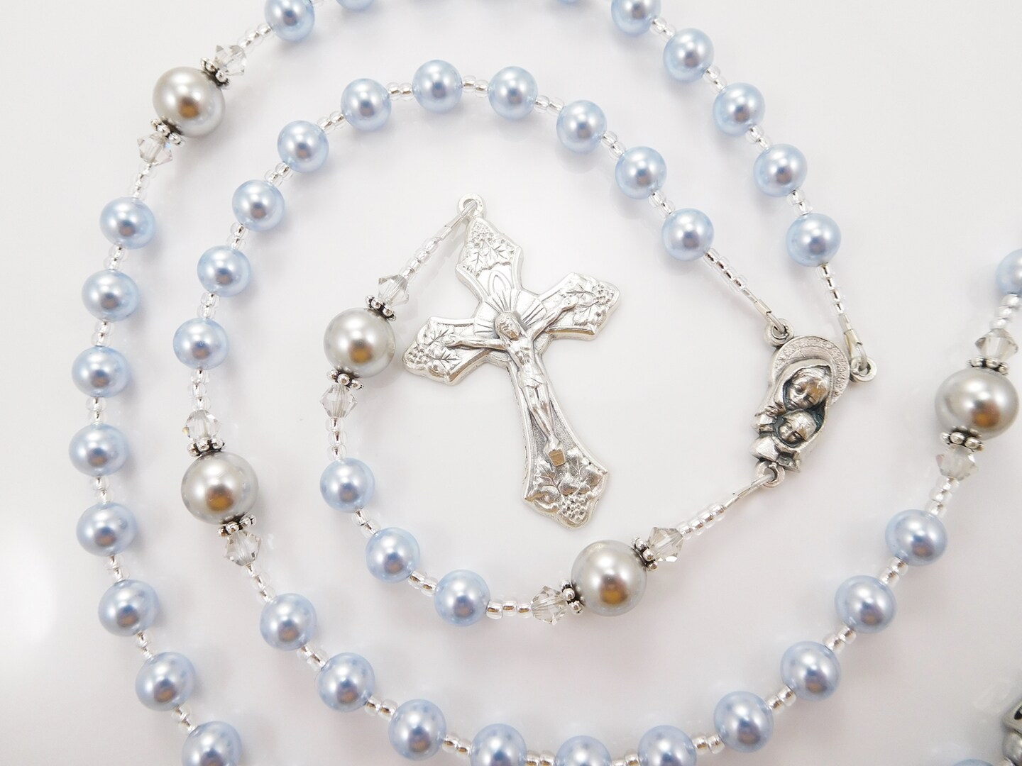 Baptism Rosary for a Baby Boy Christening Gift - Personalized Rosary for Boys First Communion Gift, Confirmation - Light Blue and Gray product 4