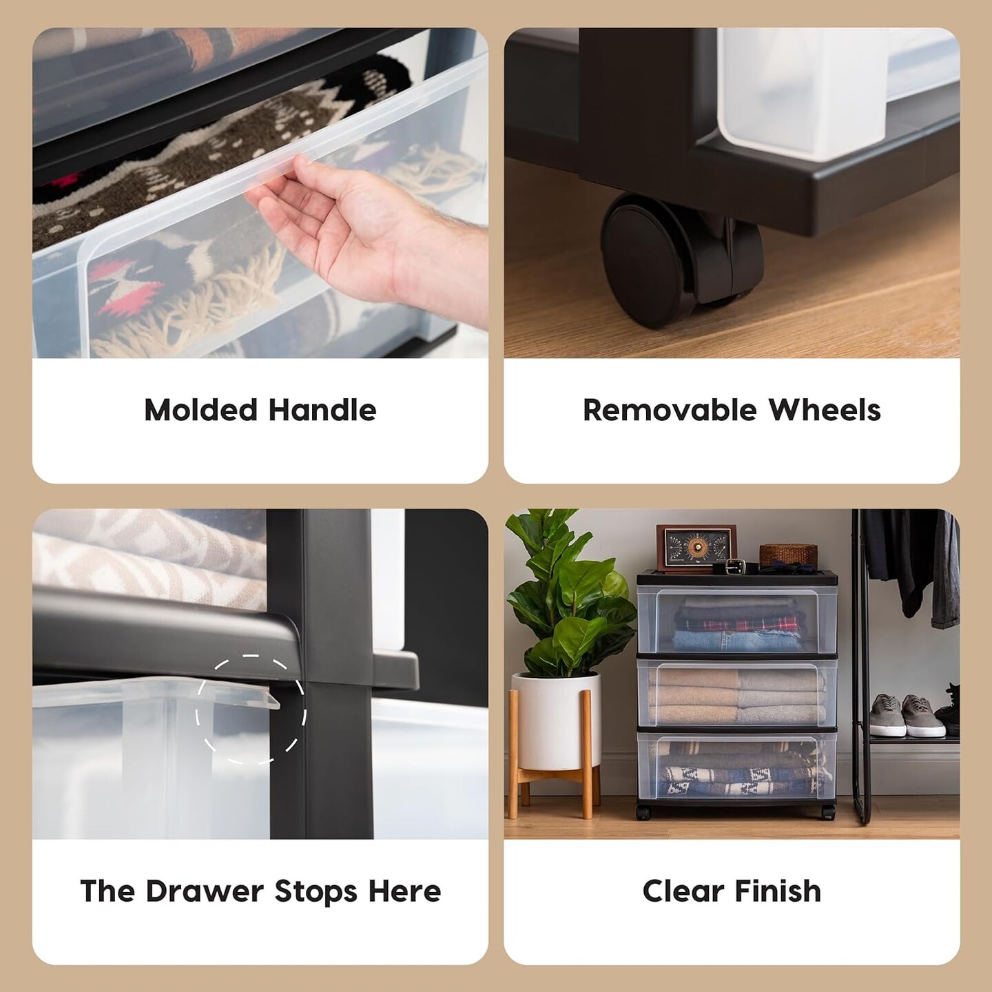USA 3 Drawer Wide Storage Drawer Cart with Caster Wheels, Plastic Rolling Dresser for Home Closet Bedroom Bathroom Office Laundry Kitchen Craft Room Nursery and School Dorm, Black/Clear