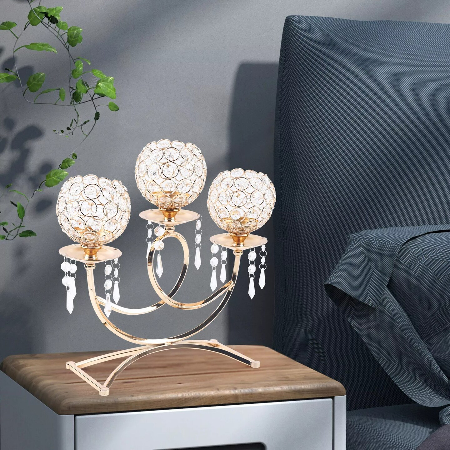 3 Arms Crystal Candle Holder Gold Table Centerpieces for Dining Room Table