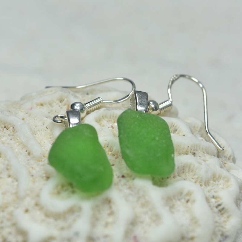 Pair of Genuine Surf Tumbled Dangling  Green Sea Glass Earrings - (1 Set) - Made to Order