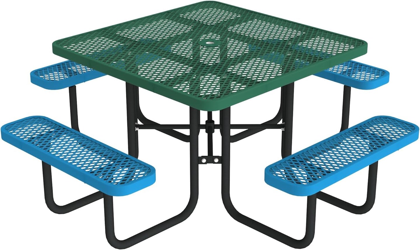 Open Air Series 46&#x22; round Picnic Table with Benches and Umbrella Hole, Commercial-Grade Steel Portable Outdoor Picnic Table, Blue